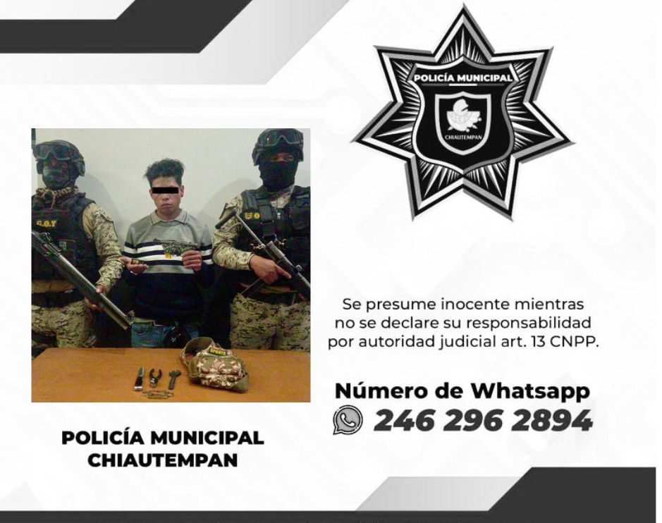 Detiene GOT de la Policía de Chiautempan a sujeto por portación ilegal de arma de fuego